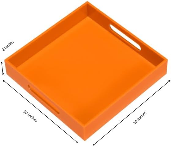 Orange Sturdy Acrylic Serving Tray with Handles-10x10Inch-Serving Coffee,Food,Breakfast,Butler-Kitchen Countertop Tray-Makeup Drawer Organizer-Vanity Table,Ottoman Tray-Decorative Tray-NeatNest