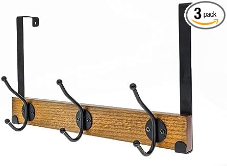 creathome Dual-Purpose Wooden Hanger with 3 Round Hooks Classic Color, Behind/Over The Door Towel Rack for Bathroom, Heavy Duty Wall Mounted Coat Rack, No Drilling