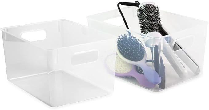 Isaac Jacobs 3-Pack Large Clear Storage Bins (11” L x 8” W x 6” H) with Cutout Handles, Plastic Organizer for Home, Office, Kitchen, Fridge/Freezer, Drawers, BPA Free, Food Safe (3-Pack, Large)