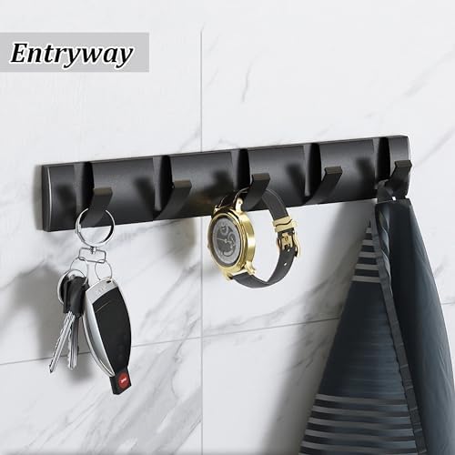 Black Coat Rack Wall Mount with 5 Hooks, 15.8 Inch Waterproof Heavy Duty Coat Wall Hooks, Space Aluminum Material, Folding Hideaway Towel Hanger for Entryway, Wall, Door, Bathroom-NeatNest