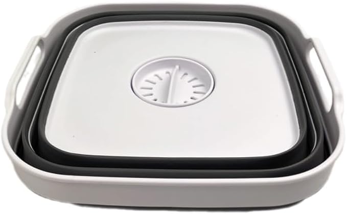 SAMMART 10L (2.64 Gallon) Collapsible Dishpan with Draining Plug-Foldable Washing Basin-Portable Dish Washing Tub-Space Saving Kitchen Storage Tray for Camping & RV (1, White/Steel Grey)
