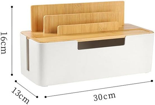Cable Management Box with Wooden Lid, Multi-Device Organizer for Phones/Tablets/Smartwatches, Desktop Cord Organizer for Tidy Workspace (White)-NeatNest