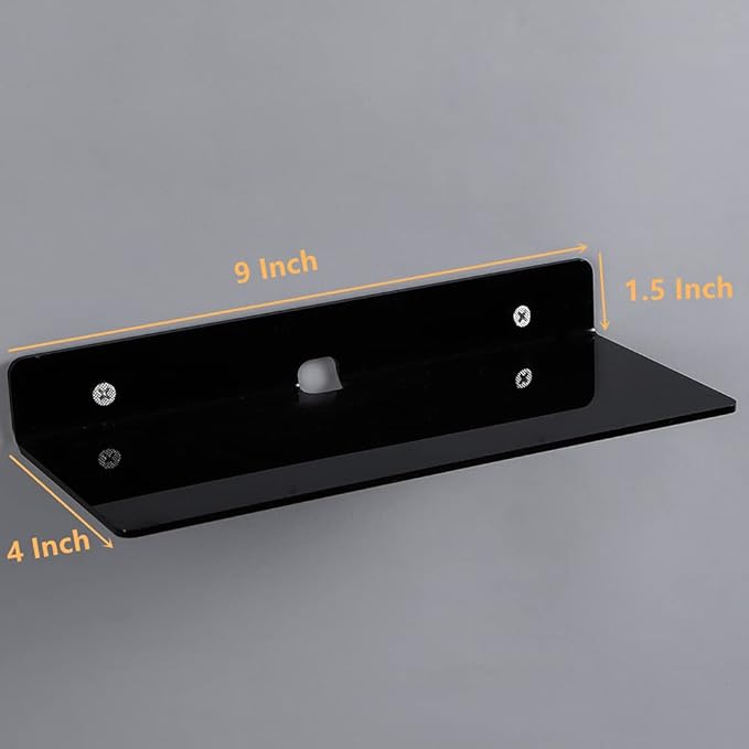 IEEK 4 PCS Small Acrylic Floating Wall Shelves,9 Inch Adhesive Display Shelf for Nintendo Switch/Smart Speaker/Security Cameras/Action Figures,No Damage Expand Wall Space,Black-NeatNest
