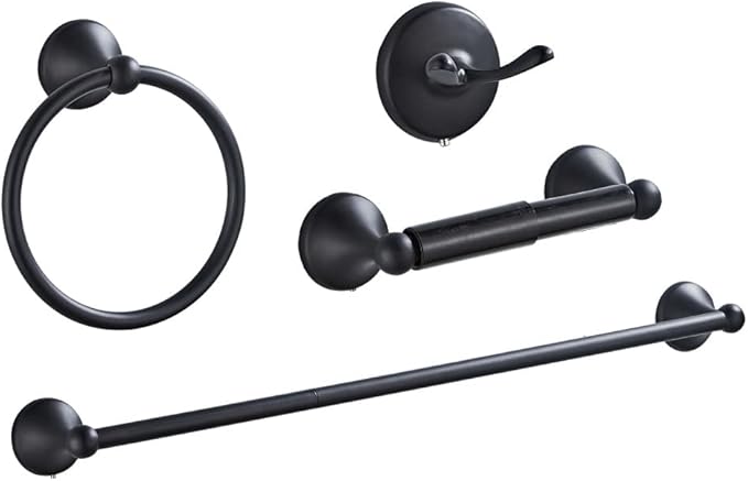 4 Piece Bathroom Accessory Set(Adjustable Towel Bar, Towel Ring, Toilet Paper Holder,Towel Hook), Wall Mounted Bathroom Hardware Accessories Set,Matte Black