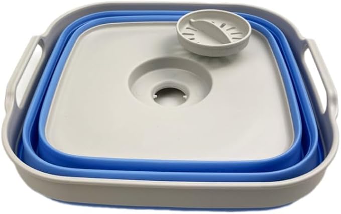SAMMART 10L (2.64 Gallon) Collapsible Dishpan with Draining Plug-Foldable Washing Basin-Portable Dish Washing Tub-Space Saving Kitchen Storage Tray for Camping & RV (1, Grey/Little Boy Blue)