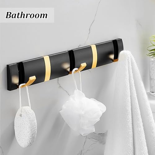 Coat Rack Wall Mounted with 5 Folding Hooks, 15.8 Inch Space Saving Wall Coat Hook, Black Gold Towel Hooks for Bathroom, Bedroom, Entryway, Hats, Scarves, Umbrella and Keys-NeatNest