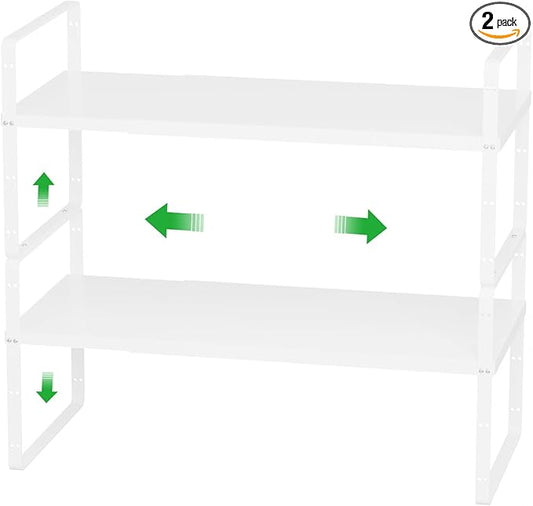 Cabinet Organizer Shelves,Adjustable Height Stackable Spice Racks for Cabinet,Pantry,Counter,Cupboard - 2 Packs of Kitchen Under Sink Expandable Storage Shelves,D:10.24" x W:16.5"-27.2",White