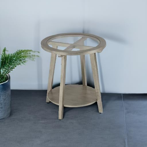 COSIEST 2-Tier End Table with Tempered Glass Top, Round MDF Side Table with Storage Shelf, Modern Wood Accent Table for Bedroom Living Room Home Office, Antique Silver-NeatNest