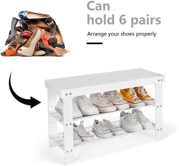 Safeplus 27.5" Bamboo Shoe Rack Bench, 3-Tier Entryway Shoe Organizer, Storage Shelf for Shoes, Slippers, Holds up to 220lbs for Hallway Bathroom Living Room Balcony