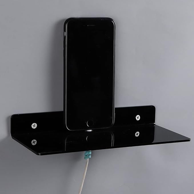 IEEK 4 PCS Small Acrylic Floating Wall Shelves,9 Inch Adhesive Display Shelf for Nintendo Switch/Smart Speaker/Security Cameras/Action Figures,No Damage Expand Wall Space,Black-NeatNest