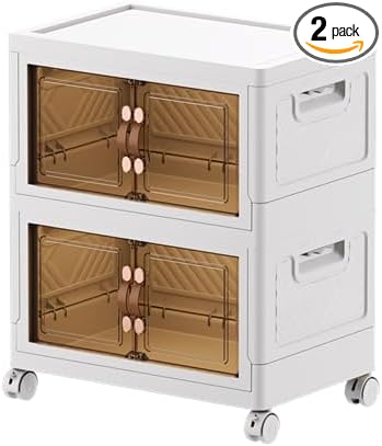 52 QT / 13 Gal Stackable Storage Bins with 1 Lid, Collapsible Plastic Organizer Cabinet with Wheels & Magnetic Doors for Closet, Home, Office – White Containers-NeatNest