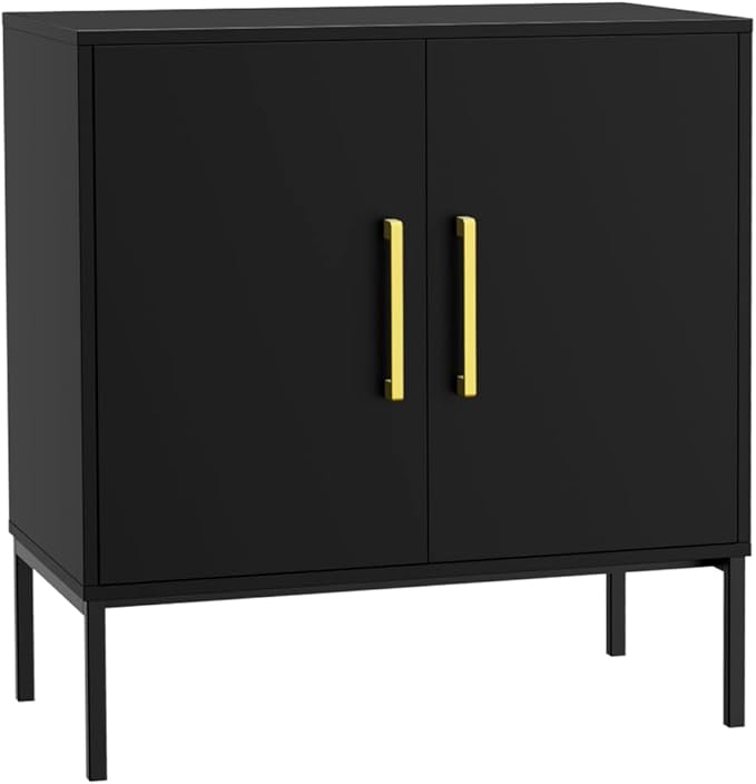 JOZZBY Buffet Sideboard Cabinet with Storage, Modern Wooden Cabinet with Adjustable Shelves, Black and Gold Cabinets for Living Room, Kitchen, Hallway