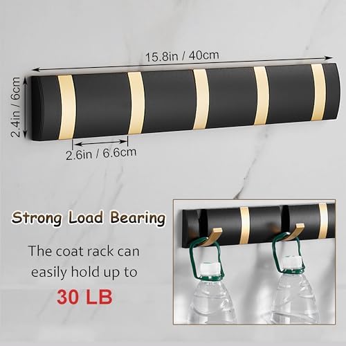 Coat Rack Wall Mounted with 5 Folding Hooks, 15.8 Inch Space Saving Wall Coat Hook, Black Gold Towel Hooks for Bathroom, Bedroom, Entryway, Hats, Scarves, Umbrella and Keys-NeatNest