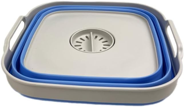 SAMMART 10L (2.64 Gallon) Collapsible Dishpan with Draining Plug-Foldable Washing Basin-Portable Dish Washing Tub-Space Saving Kitchen Storage Tray for Camping & RV (1, Grey/Little Boy Blue)