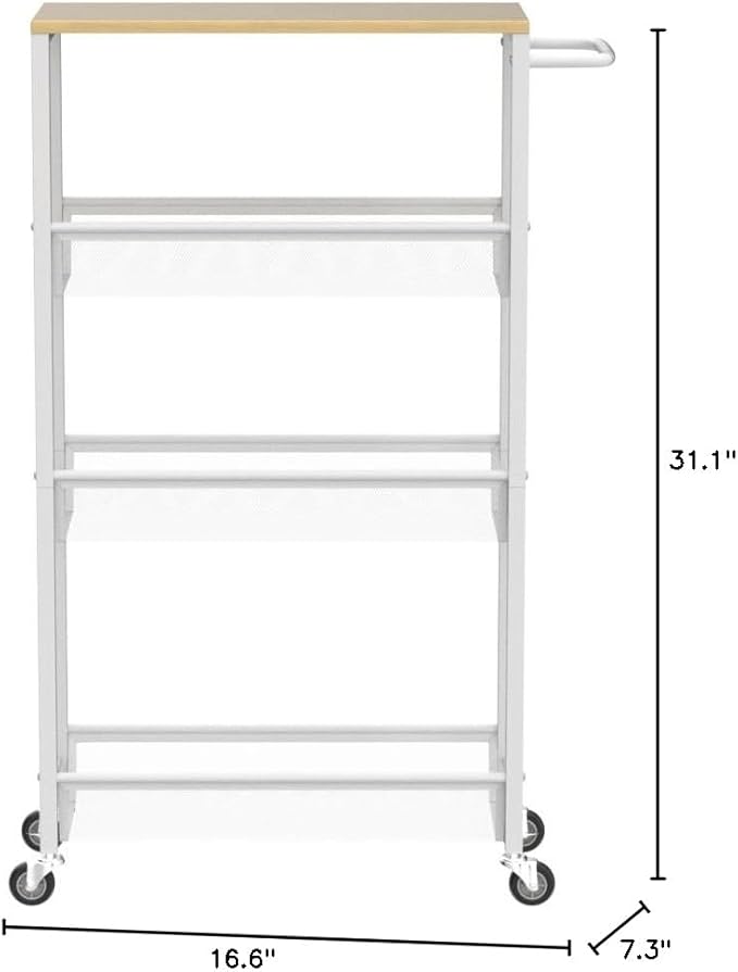MOOACE Slim Storage Cart, 4 Tier Rolling Kitchen Shelving Unit on Wheels Mobile Narrow Cart with Wooden Tabletop for Bathroom, Laundry Narrow Places, 16.6''x 7.3''x 31.1''inch - White