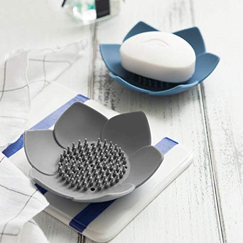 H&R 3 Pack Silicone Soap Holder, Bathroom Soap Tray with Drain, Lotus Shaped - Blue, Green, Grey-NeatNest