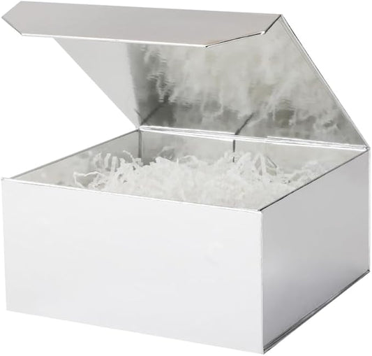 1 Pcs 6x6x3 Inch Silver Magnetic Gift Box with Crinkle Paper Silver Small Gift Box with Shredded Paper Luxury Gift Boxes with Lids for Presents-NeatNest