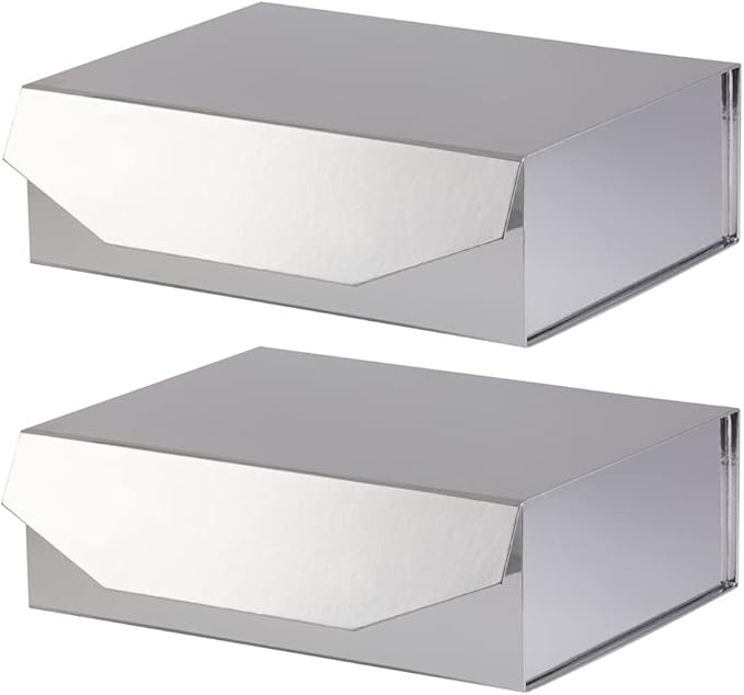 2 Silver Large Gift Box with Lid 13x9x4 Inches, Bridesmaid Proposal Box, Groomsman Box Reusable Gift Box for Clothes (Glossy Silver),1 Count (Pack of 2)-NeatNest