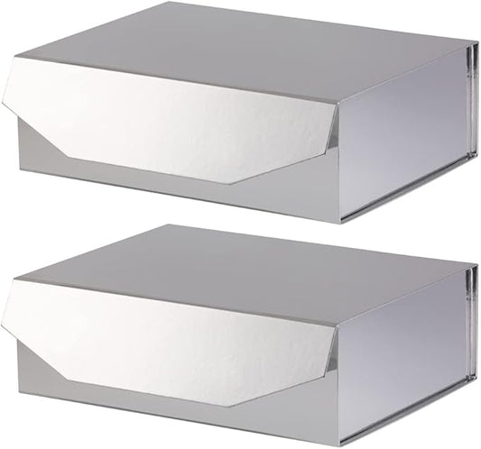 2 Silver Large Gift Box with Lid 13x9x4 Inches, Bridesmaid Proposal Box, Groomsman Box Reusable Gift Box for Clothes (Glossy Silver),1 Count (Pack of 2)-NeatNest