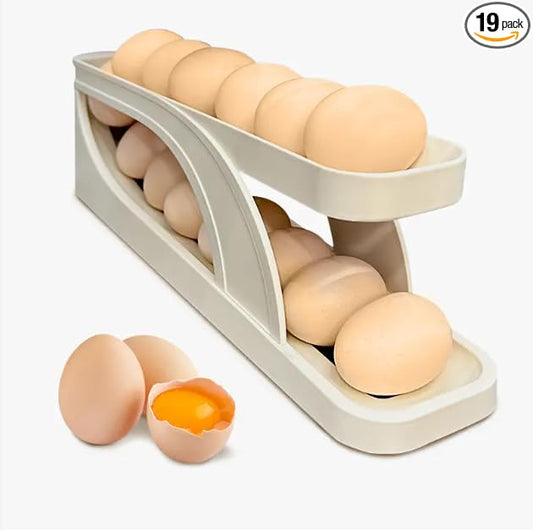 Generic Egg Dispenser for Refrigerator or Kitchen Countertop, Automatic Roll Down Egg Storage for Fridge, Space Saving Gravity Fed Egg Holder and Organizer Tray (Beige/Off White)