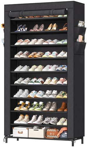 Simple Trending Tall Shoe Rack Organizer Holds 40 Pairs, 10 Tier Large Capacity Shoe Cabinet Storage with Cover for Closet, Black-NeatNest