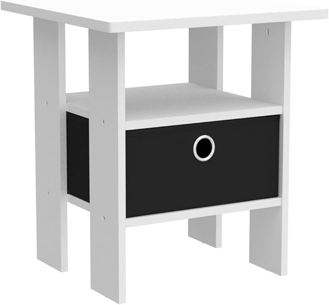 Furinno Andrey Set of 2 End Side Night Stand/Bedside Table with Bin Drawer, 2-Pack, White/Black