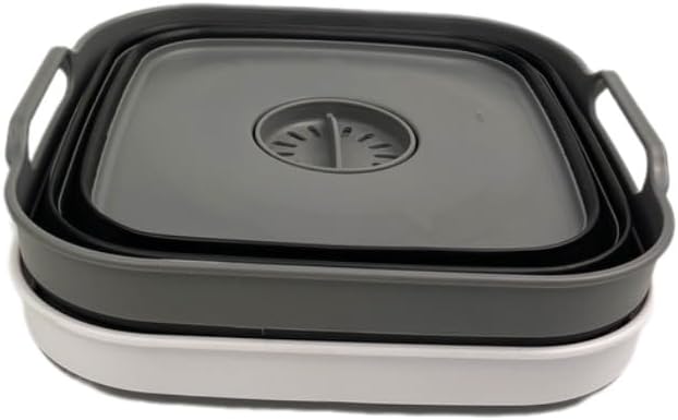 SAMMART 10L (2.64 Gallon) Collapsible Dishpan with Draining Plug-Foldable Washing Basin-Portable Dish Washing Tub-Space Saving Kitchen Storage Tray for Camping & RV (2, Steel Grey+Black)