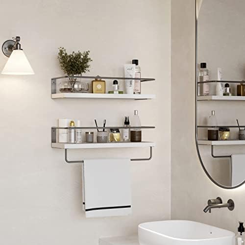 Onlysky White Floating Shelves with Dark Grey Towel Rack - Set of 2 Wall Mounted Hanging Bathroom Shelves, Decorative Shelves for Stylish Storage in Bathroom, Kitchen, Living Room & Bedroom
