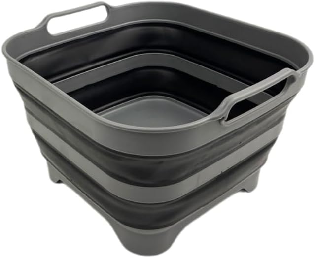 SAMMART 10L (2.64 Gallon) Collapsible Dishpan with Draining Plug-Foldable Washing Basin-Portable Dish Washing Tub-Space Saving Kitchen Storage Tray for Camping & RV (1, Grey/Black)