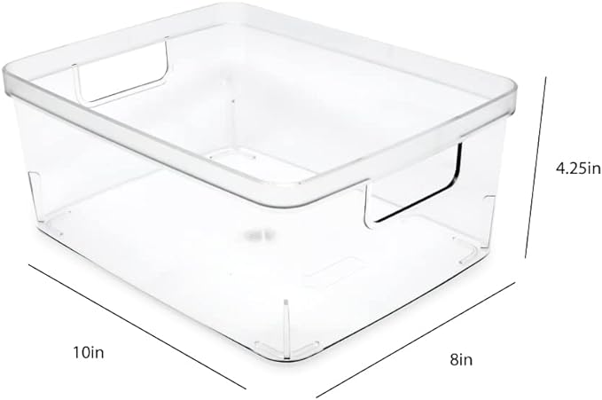 Isaac Jacobs 3-Pack Medium Clear Storage Bins (8” L x 10” W x 4.25” H) w/Cutout Handles, Plastic Organizer for Home, Office, Kitchen, Fridge/Freezer, Bathroom, BPA Free, Food Safe (3-Pack, Medium)