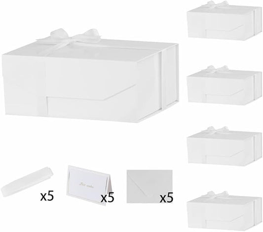 5PCS White Gift Box with Ribbon 9.5x7x4 Inches，Sturdy Gift Box with Lid for Gift Packaging, Foldable Magnetic Closure Storage Boxes, Bridesmaid proposal box, Rectangle Collapsible Box-NeatNest