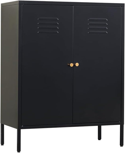 2 Doors Locker Metal Storage Cabinet, Accent Storage Cabinet with Shelves, Freestanding Metal Sideboard for Small Spaces, Living Room, Dining Room, Entryway, Black