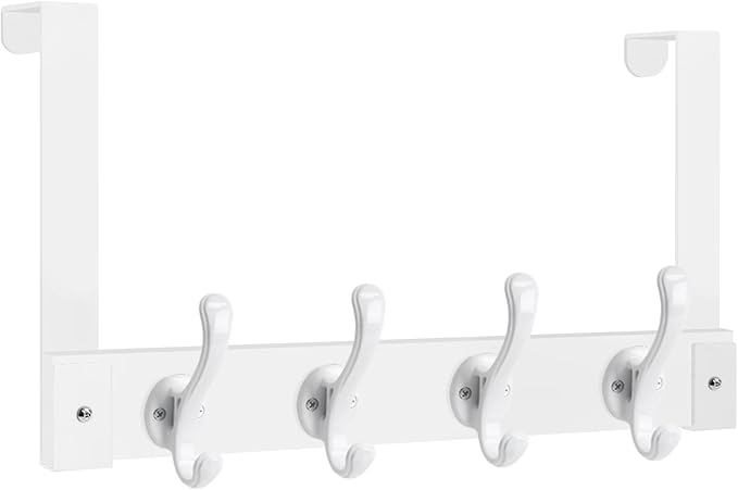 Homode Over The Door Hooks Heavy Duty, Wood Over Door Hanger Hook, Over Door Towel Rack with Coat Hooks for Hanging Towels Clothes Hats Bags, Back of Bathroom Door, White