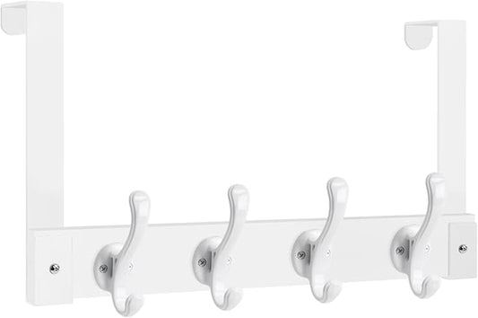 Homode Over The Door Hooks Heavy Duty, Wood Over Door Hanger Hook, Over Door Towel Rack with Coat Hooks for Hanging Towels Clothes Hats Bags, Back of Bathroom Door, White