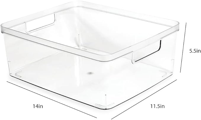 Isaac Jacobs 2-Pack Large Clear Storage Bins (11.5” L x 14” W x 5.5” H) w/Cutout Handles, Plastic Organizer for Home, Office, Kitchen, Fridge/Freezer, Bathroom, BPA Free, Food Safe (Large)