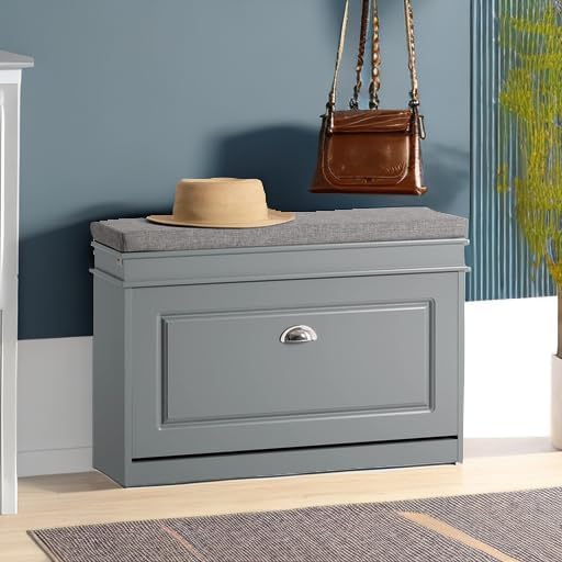 Haotian Shoe Storage Bench with Cushion, Grey Narrow Shoe Rack for Entryway, Small Shoe Cabinet with 2 Tiers Flip-Drawer, Closet Hallway Mudroom FSR82-L-HG-NeatNest