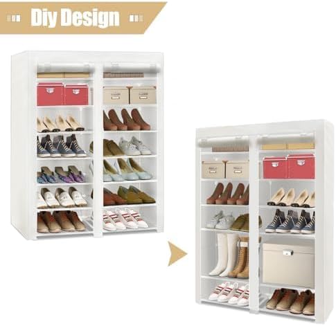 ERONE Shoe Rack Storage Organize, 28 Pairs Portable Double Row with Nonwoven Fabric Cover Shoe Shelf Cabinet for Closet (White)-NeatNest