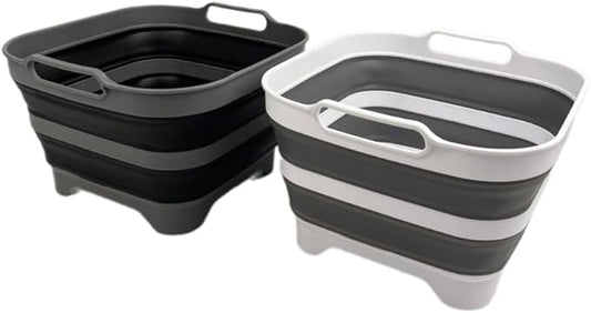 SAMMART 10L (2.64 Gallon) Collapsible Dishpan with Draining Plug-Foldable Washing Basin-Portable Dish Washing Tub-Space Saving Kitchen Storage Tray for Camping & RV (2, Steel Grey+Black)
