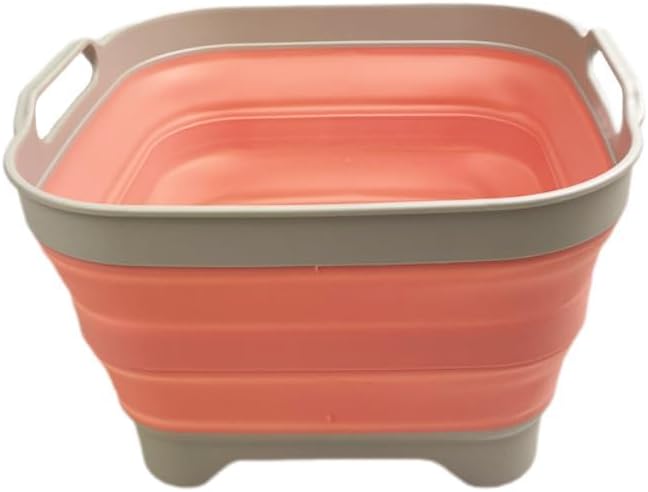 SAMMART 10L (2.64 Gallon) Collapsible Dishpan with Draining Plug-Foldable Washing Basin-Portable Dish Washing Tub-Space Saving Kitchen Storage Tray for Camping & RV (1, Grey/Quartz Pink)