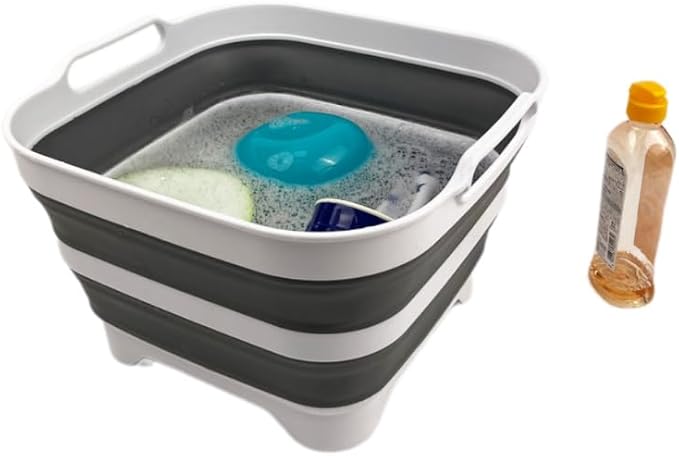 SAMMART 10L (2.64 Gallon) Collapsible Dishpan with Draining Plug-Foldable Washing Basin-Portable Dish Washing Tub-Space Saving Kitchen Storage Tray for Camping & RV (2, Steel Grey+Black)