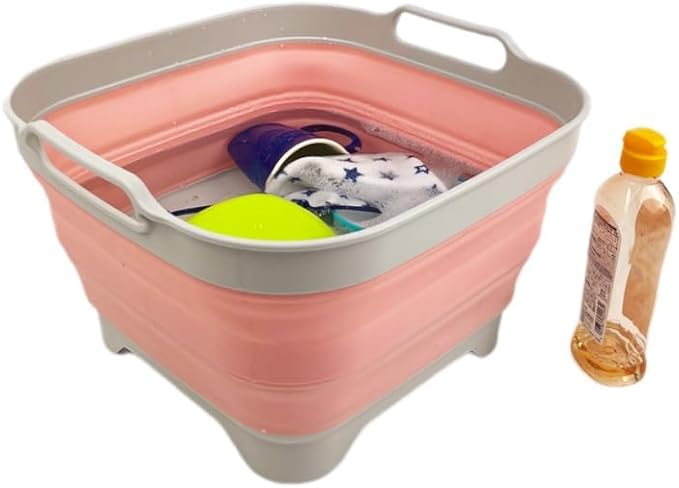 SAMMART 10L (2.64 Gallon) Collapsible Dishpan with Draining Plug-Foldable Washing Basin-Portable Dish Washing Tub-Space Saving Kitchen Storage Tray for Camping & RV (1, Grey/Quartz Pink)