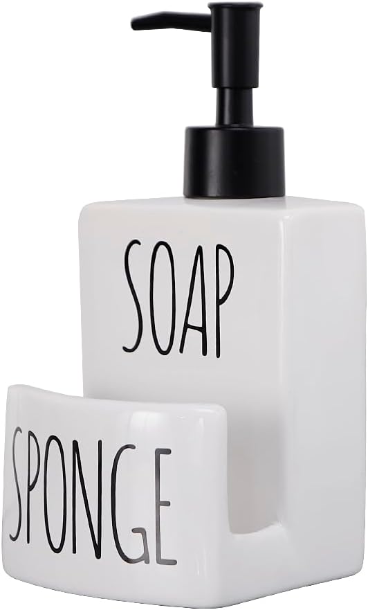 Ceramic Dish soap Dispenser with Sponge Holder Hand and Dish Soap Dispenser Set for Kitchen 2-in-1 Countertop Soap Pump Dispenser for Kitchen Sink, Useful Kitchen Gadgets - Modern Farmhouse White-NeatNest