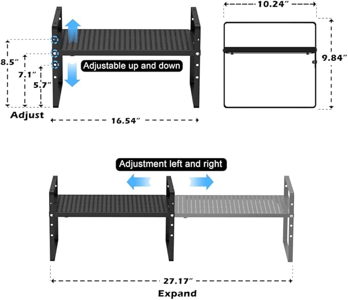 Expandable Kitchen Cabinet Shelf Organizers, Stackable Metal Pantry Storage Shelves Rack, Adjustable Counter Spice Shelf for Cabinets, Countertop, Cupboard, 2 Pack, Black-NeatNest