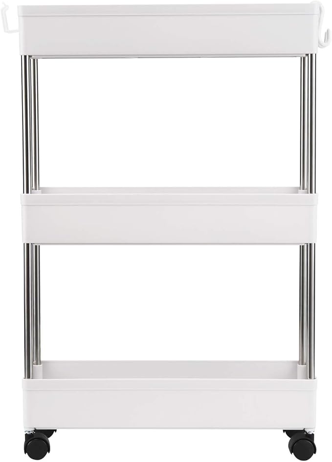 3-Tire Slim Storage Cart with 4 Hooks, Multi-Functional Narrow Rolling Kitchen Shelving Unit for Kitchen, Bathroom, Laundry Room, Office, White