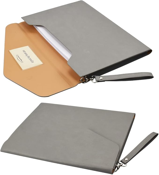Enyuwlcm PU A4 Leather File Folder Document Holder Folder Stylish Portfolio Envelope Case with Strap and Invisible Magnetic Closure (Gray)