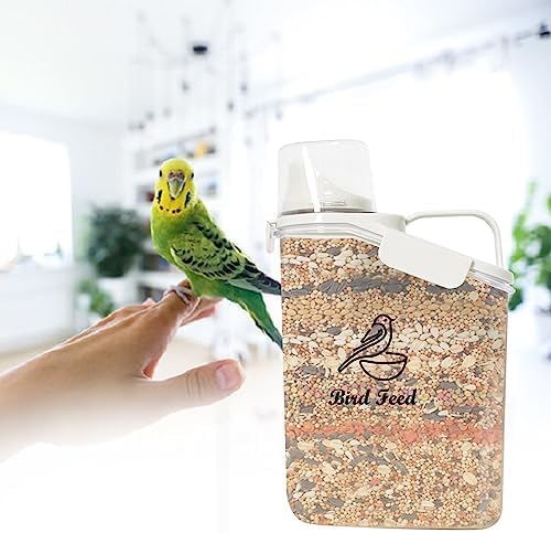 Bird Seed Storage Container,2.8L Airtight Bird Food Container with Handle and Measuring Cup,Portable Pet Food Container for Wild Bird Sunflower Seed-BPA Free Transparent/White-NeatNest