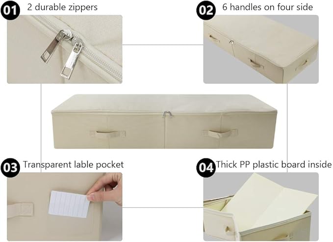 39.4" Ultra-Length Foldable & Washable Underbed Storage Organizer Containers for Clothing, Shoes, Bedding - Ideal for Bedroom, College Dorm (Black Gray), Beige-NeatNest