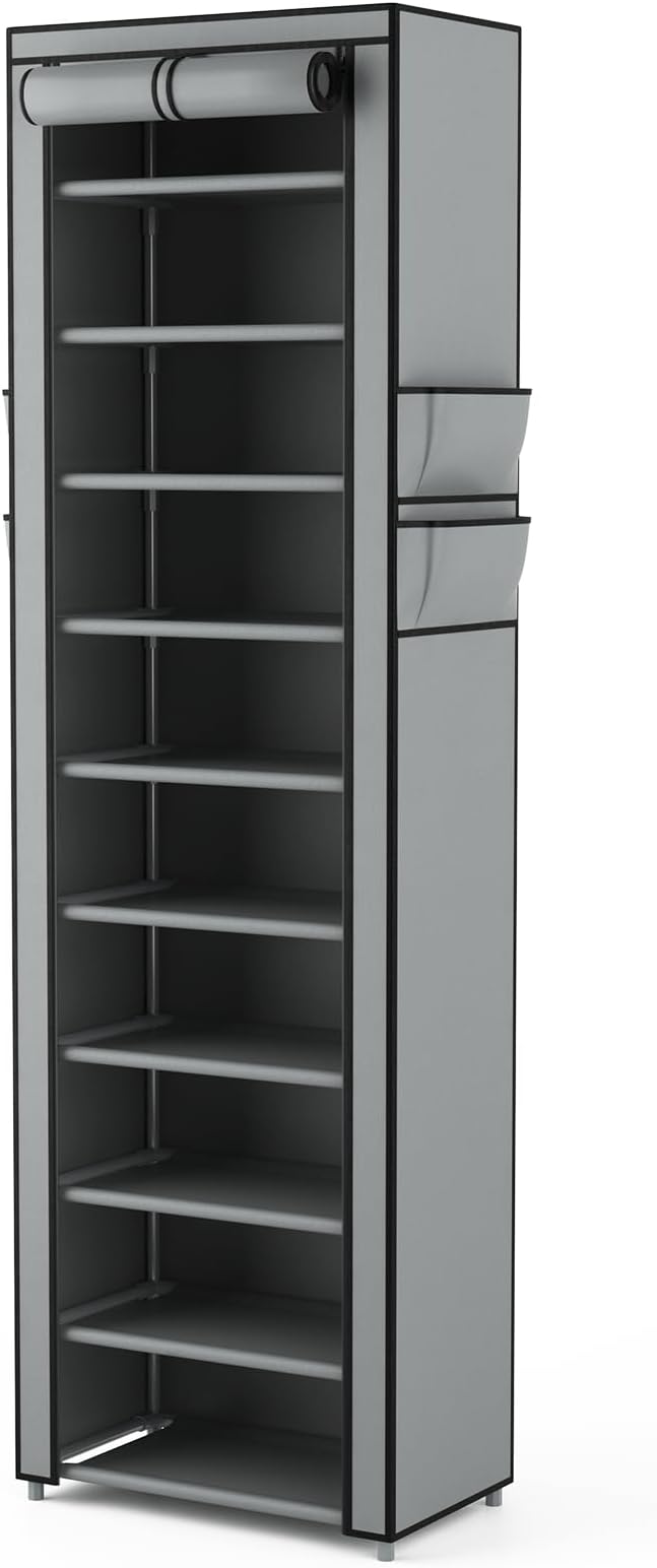 VTRIN Vertical Narrow Shoe Rack Organizer Tall Shoe Rack for Closet Entryway 10 Tier Non-Woven Cover Shoe Shelf Holds 20-22 Pairs Free Standing Shoe Storage Cabinet with Dustproof Cover, Grey-NeatNest