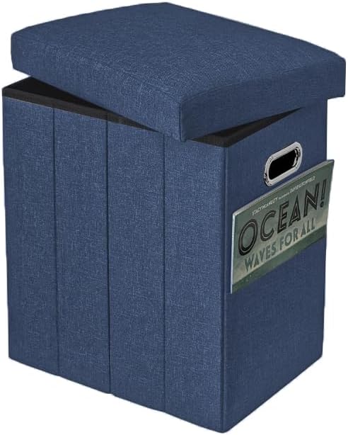Tall Ottoman with Storage Collapsible Fabric Small Slim Folding Ottoman Furniture with Handles Lid for Room Footrest Foot Stool Linen Navy Blue 16.5x16.5x11.8in
