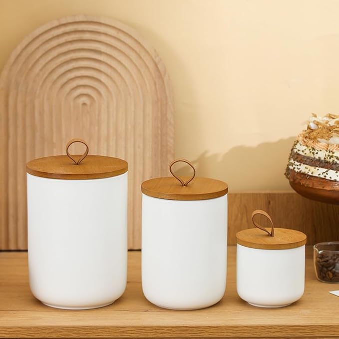 Ceramic Storage Jars, Modern Elegant Polished Airtight Gorgeous Storage Canisters with Wooden Lid Small Food Stroage Jar for Kitchen Spice Tea Vanilla Sugar Coffee Beans (3Pcs Suit White)-NeatNest